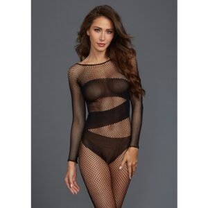 BODY DE MANGA LARGA DE REJILLA ELÁSTICA - NEGRO